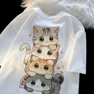 áo thun tay lỡ in 5D hình mèo cute dễ thương cho bé gái chất liệu cotton thoáng mát