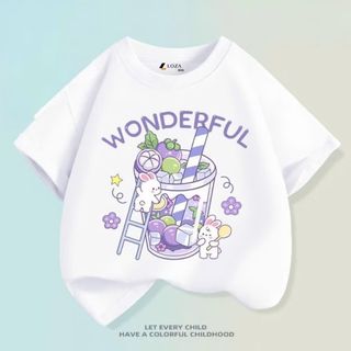 Áo Thun Bé Gái Cotton Mềm Mịn Form Rộng Hình thỏ trà sữa Cho Trẻ Em 10-45kg