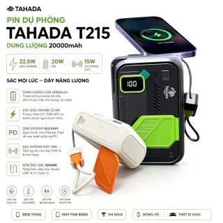 PIN DỰ PHÒNG TAHADA T215 CHỨC NĂNG 5in1 < BH 12T> Hổ Trợ Sạc Ko Dây, Phích Cắm Sạc, Giá Đở, Dây Sạc Nhanh