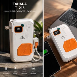 PIN DỰ PHÒNG TAHADA T215 CHỨC NĂNG 5in1 < BH 12T> Hổ Trợ Sạc Ko Dây, Phích Cắm Sạc, Giá Đở, Dây Sạc Nhanh