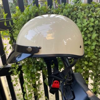 [Glossy Cream Color] Half-Head Helmet, Half-Head Helmet with Smooth Pilot Goggles in Solid Color Cute