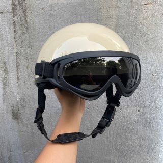 [Glossy Cream Color] Half-Head Helmet, Half-Head Helmet with Smooth Pilot Goggles in Solid Color Cute