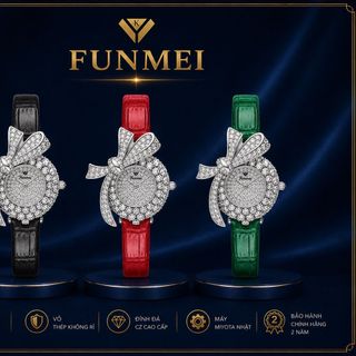 SET ĐỒNG HỒ NỮ CHÍNH HÃNG FUNMEI F1400 DÂY DA MẶT NƠ BẠC ĐÍNH ĐÁ CZ  FULLBOX TEM HÃNG