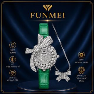 SET ĐỒNG HỒ NỮ CHÍNH HÃNG FUNMEI F1400 DÂY DA MẶT NƠ BẠC ĐÍNH ĐÁ CZ  FULLBOX TEM HÃNG