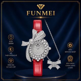 SET ĐỒNG HỒ NỮ CHÍNH HÃNG FUNMEI F1400 DÂY DA MẶT NƠ BẠC ĐÍNH ĐÁ CZ  FULLBOX TEM HÃNG