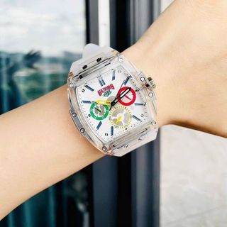ĐỒNG HỒ NAM NỮ CAO CẤP GUECS MẶT CHỮ NHẬT CHONOGRAP DÂY SILICON NAVY AND WHITE