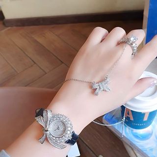 SET ĐỒNG HỒ NỮ CHÍNH HÃNG FUNMEI F1400 DÂY DA MẶT NƠ BẠC ĐÍNH ĐÁ CZ FULLBOX TEM HÃNG