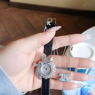 SET ĐỒNG HỒ NỮ CHÍNH HÃNG FUNMEI F1400 DÂY DA MẶT NƠ BẠC ĐÍNH ĐÁ CZ FULLBOX TEM HÃNG