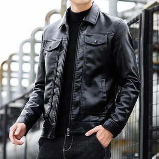 Áo khoác da nam lót lông cổ bẻ cao cấp, túi có khóa kéo, có túi trong-LT01