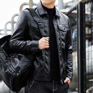 Áo khoác da nam lót lông cổ bẻ cao cấp, túi có khóa kéo, có túi trong-LT01