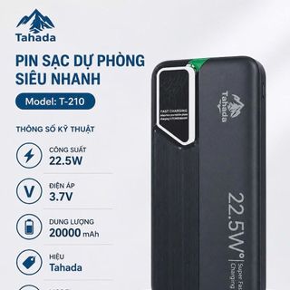 PIN DỰ PHÒNG HÃNG TAHADA T-210 Dung Lượng 20000mAh Sạc Nhanh 22.5w Kèm Dây Sạc Nhanh, Bảo Hành 18T
