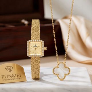 SET ĐỒNG HỒ NỮ CHÍNH HÃNG FUNMEI FL2108  MẶT VUÔNG DÂY LƯỚI VÀNG FULLBOX
