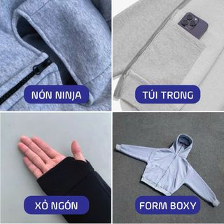 Áo Khoác Boxy Unisex Phong Cách Hàn Quốc – Thiết Kế Ninja, 2 Nón, Có Túi Trong