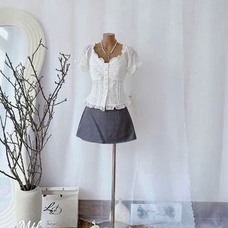Áo Babydoll Ren Trắng Cổ Tim Tiểu Thư Nhún Ngực Tay Phồng Hàn Quốc