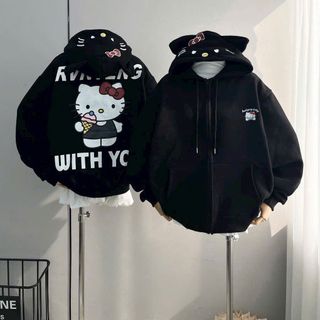 Áo Khoác Hoodie Tai Mèo Hello Kitty Form Rộng Dễ Thương
