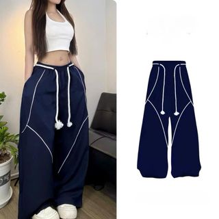 Quần Dù Nữ Phối Mí Thân Quần và Lai - Ống Rộng Thùng Thình với Dây Luồng Lưng