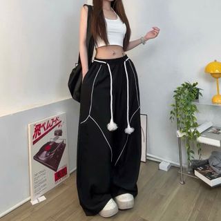 Quần Dù Nữ Phối Mí Thân Quần và Lai - Ống Rộng Thùng Thình với Dây Luồng Lưng