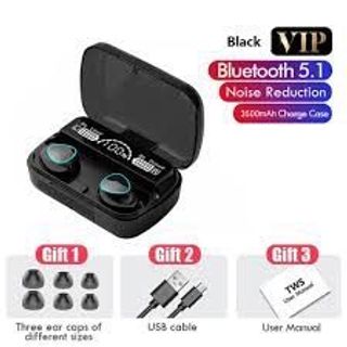Tai nghe Bluetooth TWS M10 với hộp sạc có màn hình LED hiển thị phần trăm pin.