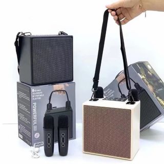 Loa Bluetooth M83 màu trắng, có tay xách và đi kèm 2 micro không dây.