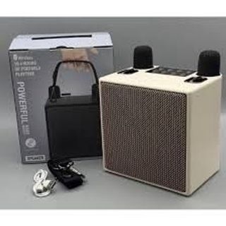 Loa Bluetooth M83 màu trắng, có tay xách và đi kèm 2 micro không dây.