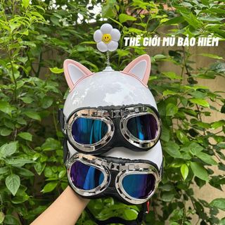 Nón bảo hiểm nửa đầu kính phi công kèm TAI MÈO 2 màu gắn mũ bảo hiểm 1/2 dễ thương,tặng kèm stiker dán mũ