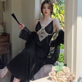 Set Choàng Lụa Ngủ Phối Ren Trắng Tinh Tế
