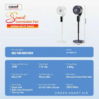 Quạt tuần hoàn không khí CREEN xoay 360, điều khiển bằng giọng nói, 12 tốc độ gió - Bảo hành chính hãng 5 Năm