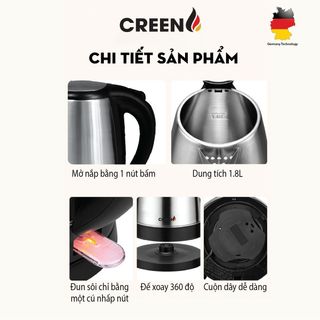Ấm điện siêu tốc inox 304 Creen CR-SW18A - Bảo hành chính hãng 24 Tháng
