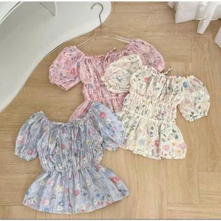 Áo Babydoll Họa Tiết Hoa Chất Voan Tơ Bo Eo Xòe Tay Phồng Cổ Vuông Nơ Ngọt Ngào Size S M L