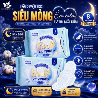 Băng Vệ Sinh ESOFT 290mm Siêu Mỏng Ban Đêm - 8 miếng Thấm Hút Có Cánh Chống Tràn Khô Thoáng Dịu Nhẹ Cho Da Nhạy Cảm
