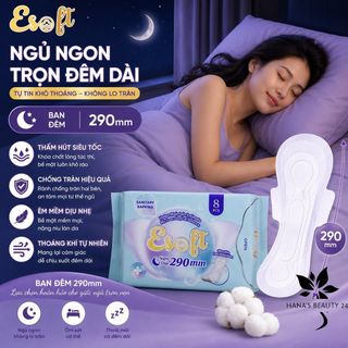 Băng Vệ Sinh ESOFT 290mm Siêu Mỏng Ban Đêm - 8 miếng Thấm Hút Có Cánh Chống Tràn Khô Thoáng Dịu Nhẹ Cho Da Nhạy Cảm