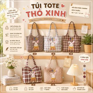 🐰 TÚI TOTE A6089 THỎ – HỌA TIẾT THỎ DỄ THƯƠNG, PHỐI CARO SIÊU XINH