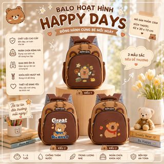 BALO MẦM NON HAPPY DAY NÂU – FORM CỨNG CÁP, NHẸ ÊM, TIỆN LỢI CHO BÉ