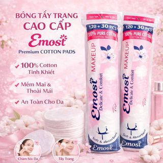 Bông Tẩy Trang EMOST 150 Miếng – 100% Cotton Mềm Mịn, Thấm Hút Tốt, Không Xơ