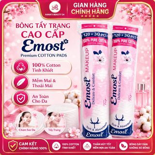 Bông Tẩy Trang EMOST 150 Miếng – 100% Cotton Mềm Mịn, Thấm Hút Tốt, Không Xơ