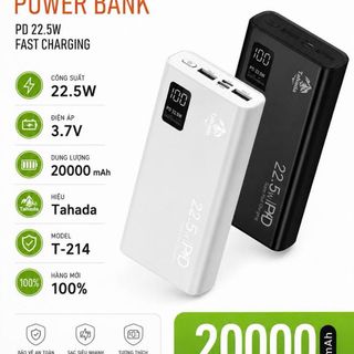 Pin sạc dự phòng Tahada T-214 có dung lượng 20000mAh và công suất sạc nhanh 22.5W.