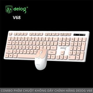 combo bàn phím và chuột không dây từ thương hiệu Deiog, model V68, với thiết kế phối màu trắng và hồng.