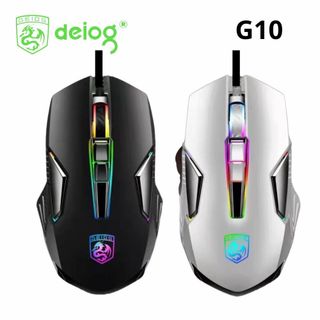 Chuột gaming có dây Deiog G10 màu trắng với đèn LED RGB nổi bật.
