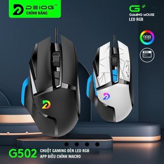 Chuột chơi game có dây Deiog G502 màu đen với đèn LED RGB.Chuột hỗ trợ tùy chỉnh Macro thông qua ứng dụng riêng và có DPI cao.
