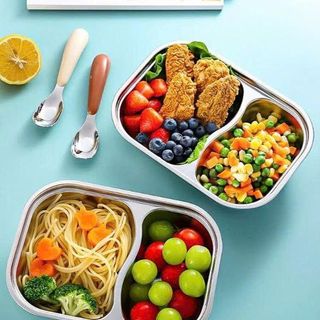 KHAY CƠM INOX 2 NGĂN KÈM MUỖNG CHO BÉ (T100)