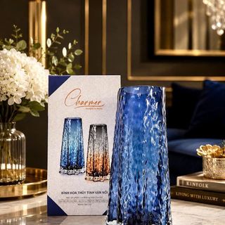 Bình Hoa Thủy Tinh Vân Nổi Charmer Màu Xanh Sapphire – Bình Hoa Thủy Tinh Soda-lime Cao Cấp, Sang Trọng
