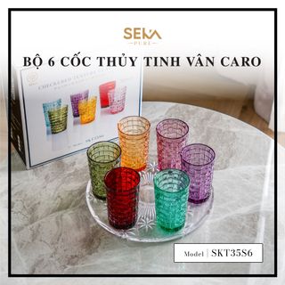 Bộ 6 cốc thủy tinh vân caro 350ml SKT35S6 Mix 6 màu