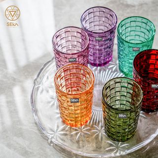 Bộ 6 cốc thủy tinh vân caro 350ml SKT35S6 Mix 6 màu