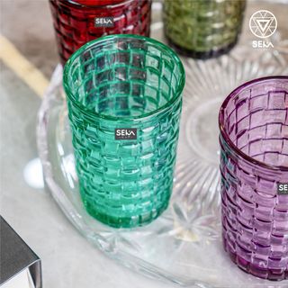 Bộ 6 cốc thủy tinh vân caro 350ml SKT35S6 Mix 6 màu