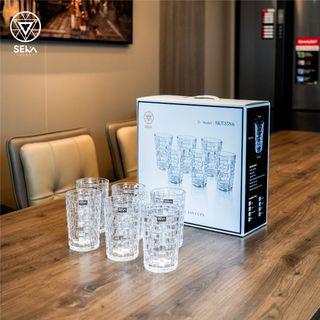 Bộ 6 cốc thủy tinh vân caro 350ml SKT35S6 Màu trắng