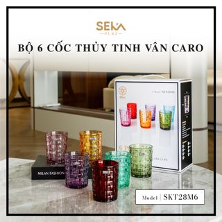 Bộ 6 cốc thủy tinh vân caro 280ml SKT28M6 Mix 6 màu