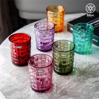 Bộ 6 cốc thủy tinh vân caro 280ml SKT28M6 Mix 6 màu