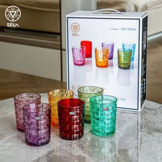 Bộ 6 cốc thủy tinh vân caro 280ml SKT28M6 Mix 6 màu