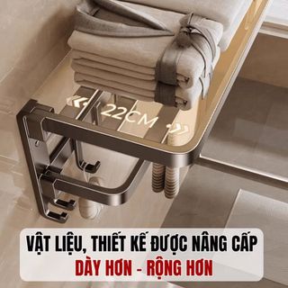 Giá Treo Khăn Nhà Tắm Dán Tường 60cm | Nhôm Hàng Không Chống Gỉ - Kèm Thanh Khăn, Móc Treo Đồ - Gấp Gọn 90 Độ
