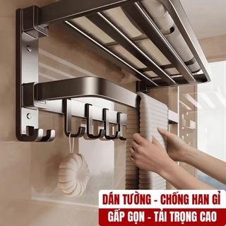 Giá Treo Khăn Nhà Tắm Dán Tường 60cm | Nhôm Hàng Không Chống Gỉ - Kèm Thanh Khăn, Móc Treo Đồ - Gấp Gọn 90 Độ
